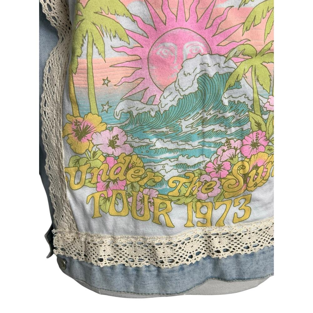 OOAK Upcycled Billabong Denim Jacket Womens XL Surf Boho Lace Patchwork - Picture 7 of 12